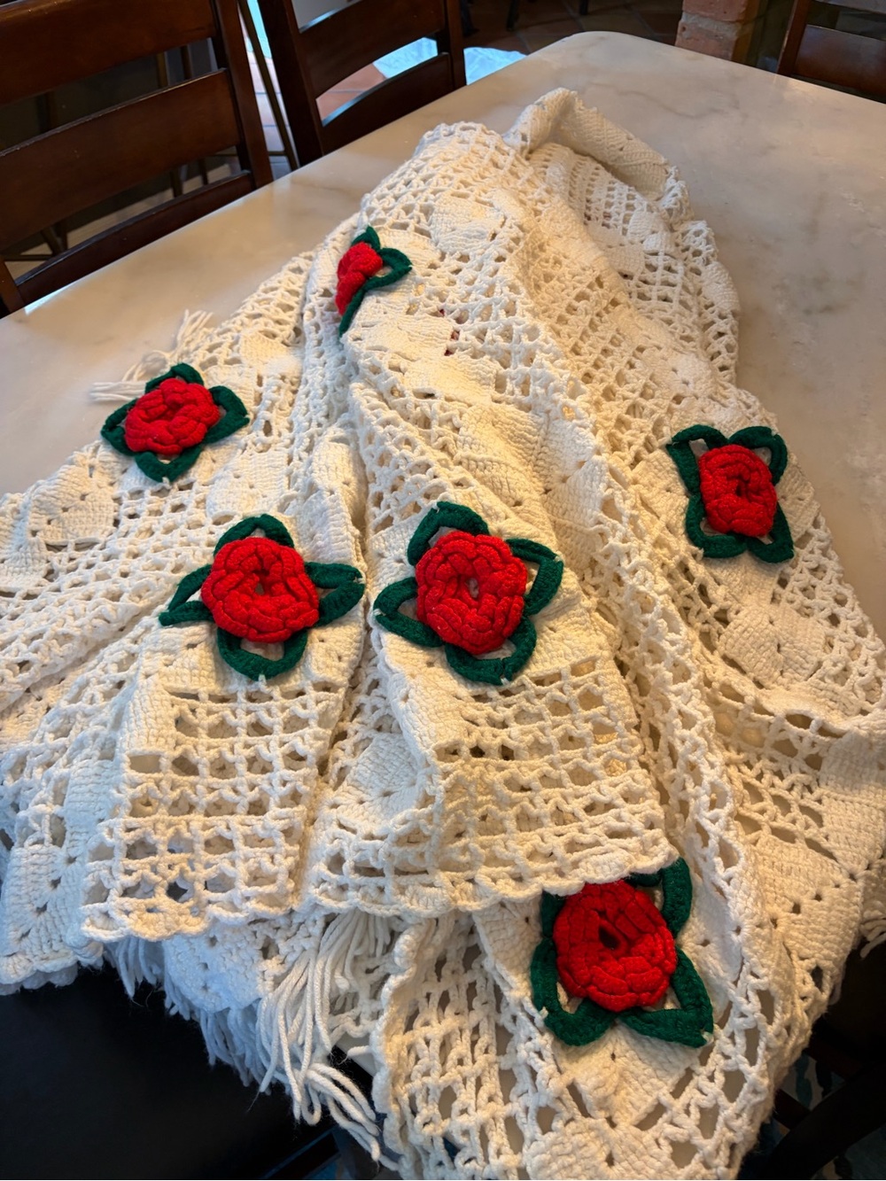 Handmade Cream Crochet Throw with Red Rose Appliques - Brand